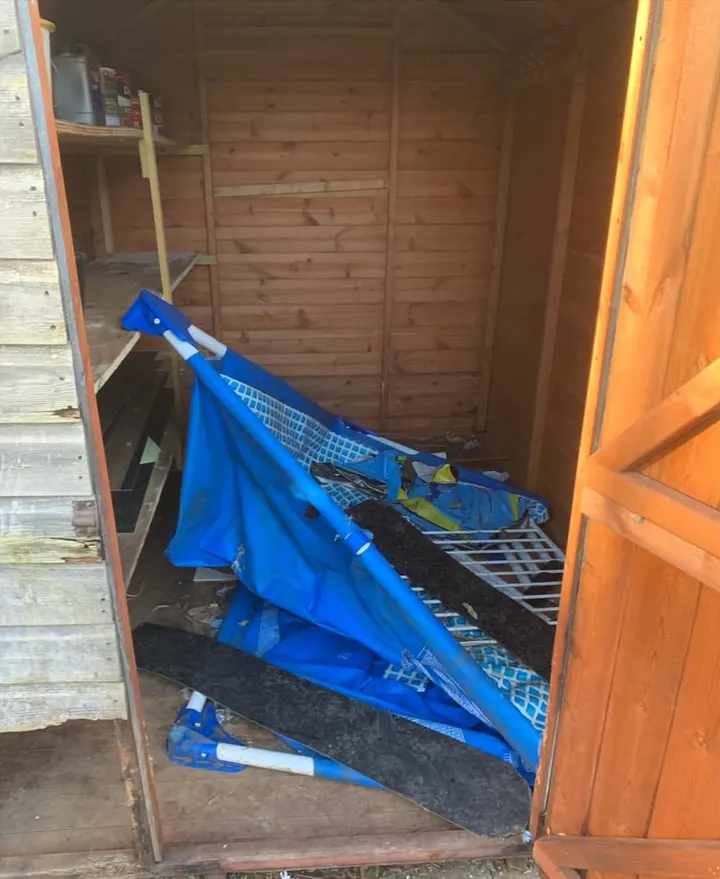Before: a collapsed paddling pool and carpet offcuts inside a shed